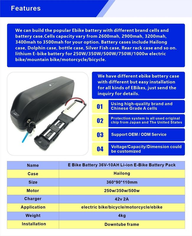 Batería de bicicleta eléctrica de alto rendimiento para la caja Hailong 250w/350w/500w Motor Negro