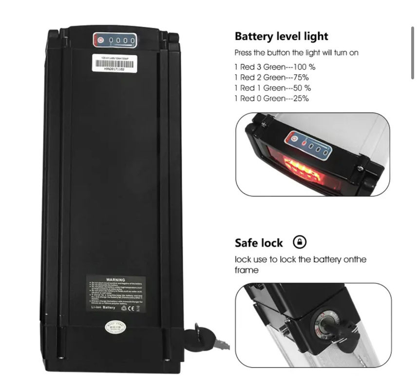 48V 36V Rear Rack Batería de Iones de Litio para Bicicleta Cargador de Peso Personalizado Cuerpo de Plata