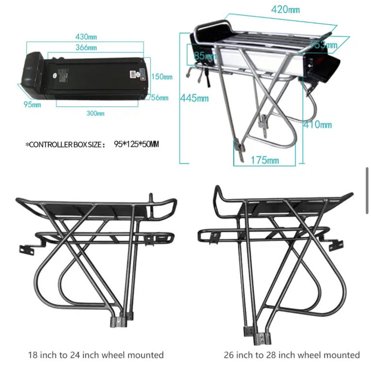 48V 36V Rear Rack Batería de Iones de Litio para Bicicleta Cargador de Peso Personalizado Cuerpo de Plata